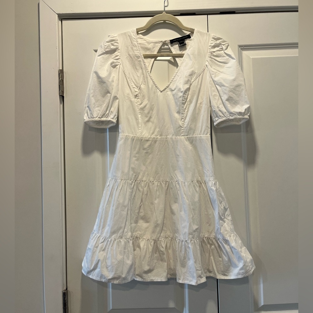 French Connection White V-Neck Puff Sleeve Mini Dress